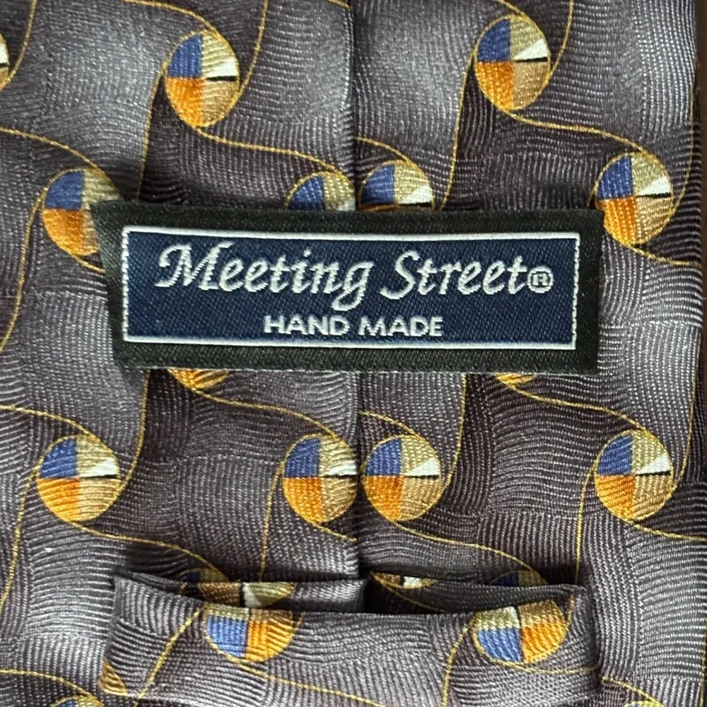 TWO Arrow & Meeting Street Vintage Silk Neckties Tan Brown Blue geometric circle